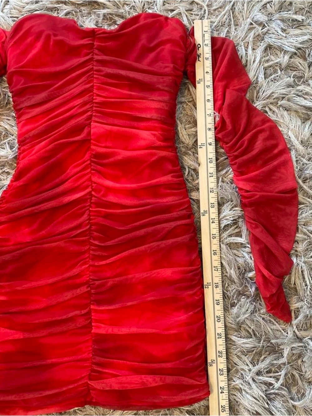 Off-Shoulder Red Ruched Bodycon Dress - Picture 3 of 7